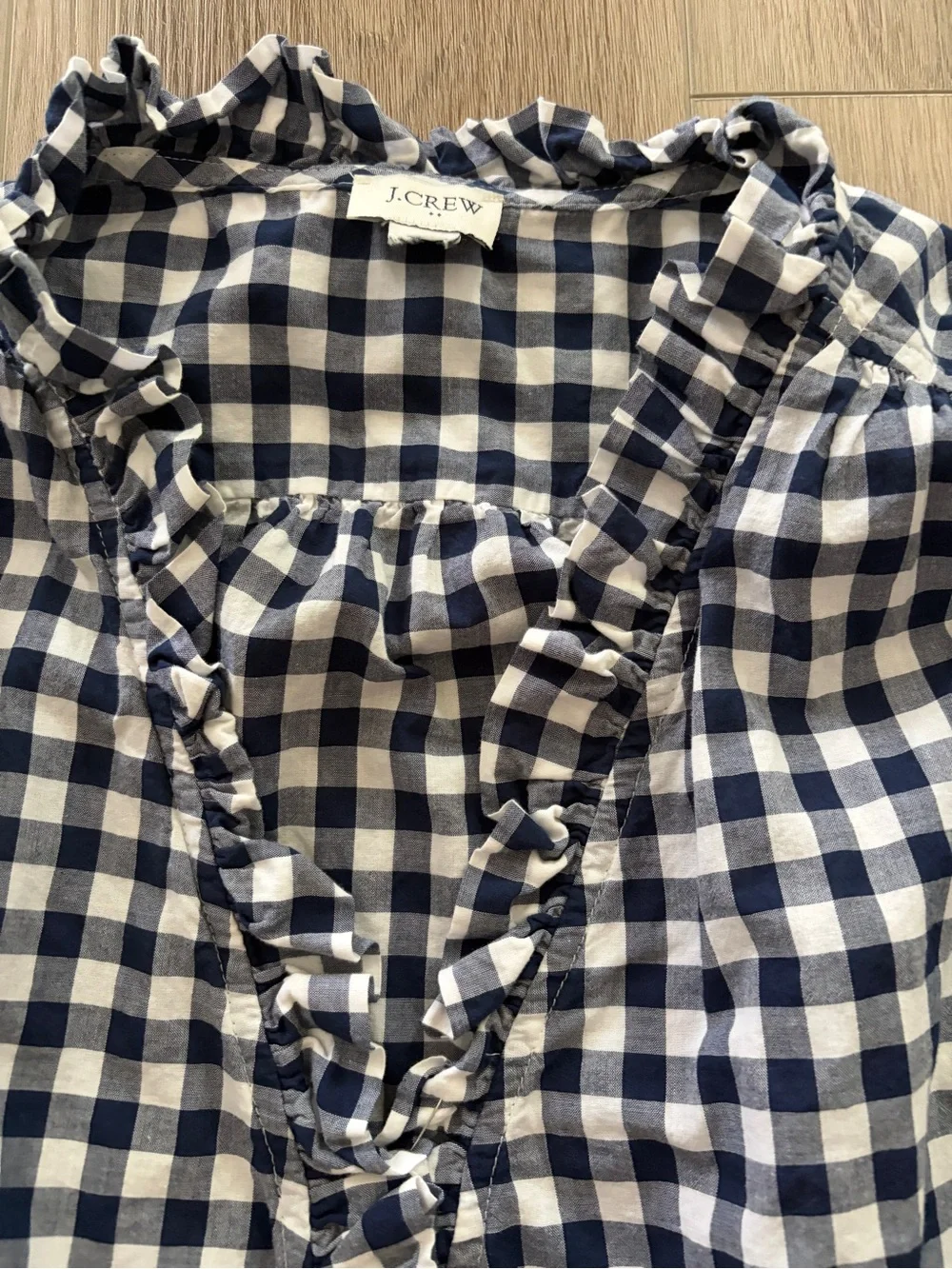 J. Crew Navy and White Gingham Ruffle Button-Front Shell